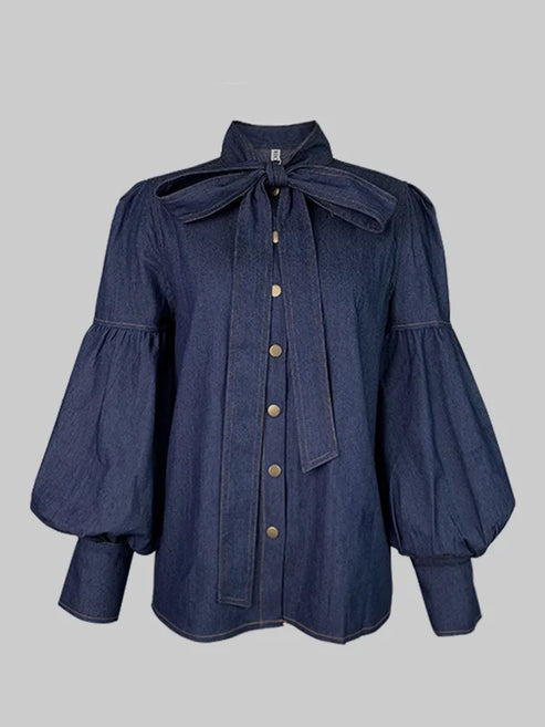 Gymystars New Trendy Imitation Denim Blouse Tops for Women Long Puff Sleeves Bow-Embellished High Neck Women's Autumn Shirts