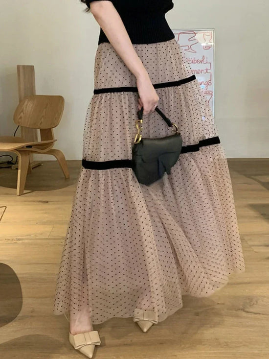 Korobov Polka Dot Gauze A-line Skirt Female Summer Temperament Shaggy Sweet Cake Long Dress Korean Fashion Faldas