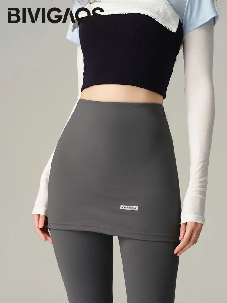 BIVIGAOS New Light Oxygen Leggings Skirts Fake Two-Piece Women High Waist Tight Package Hip Leggings Yoga Sport Fitness Leggings