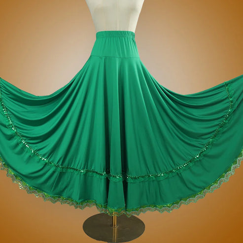 Elegant Square Danc Skirt Women National Style A-line Skirts Sequined Lace Milk Fiber Elastic-Waist Maxi Skirts 3 Kinds Lengths
