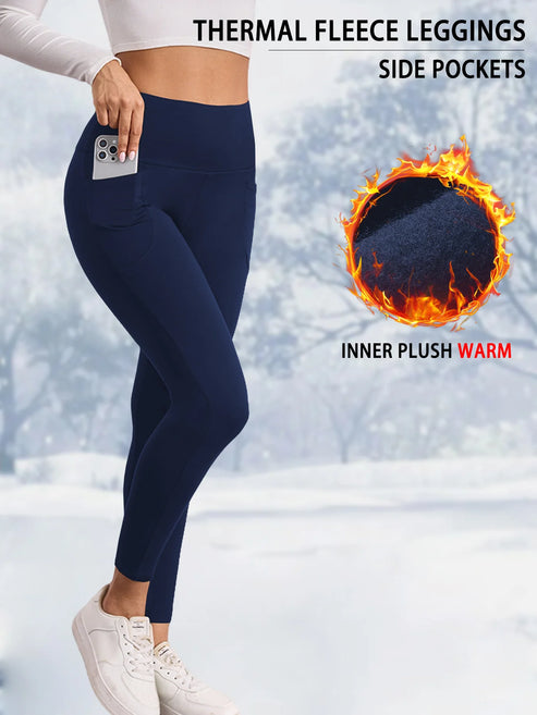 Womens Thermal Fleece Lined High Waisted With Pockets Leggings, Workout Winter Warm Thick Tights Soft Yoga Running Pants