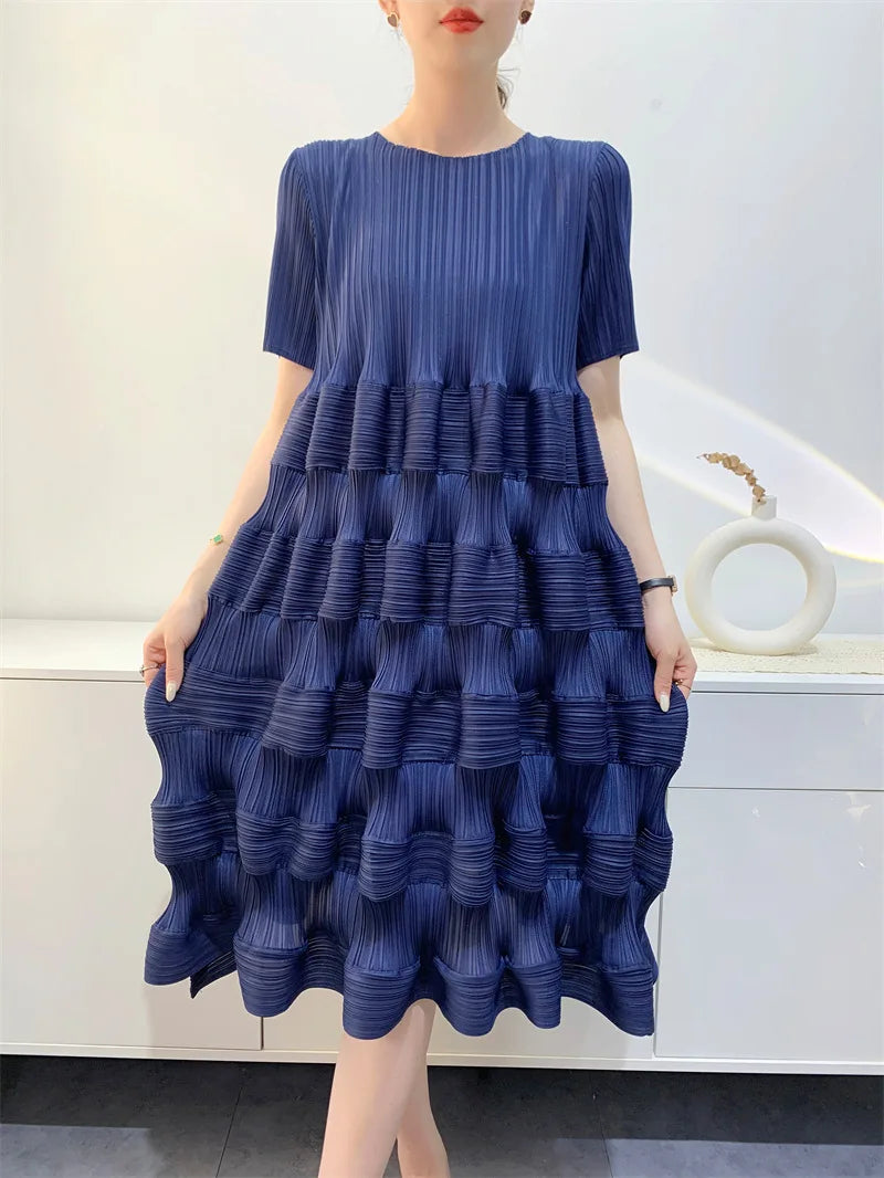 Miyake Pleated Dress Women's 2024 Spring New Fashion Design Solid Color Loose Large Size High Waist Splicing Cake Skirt