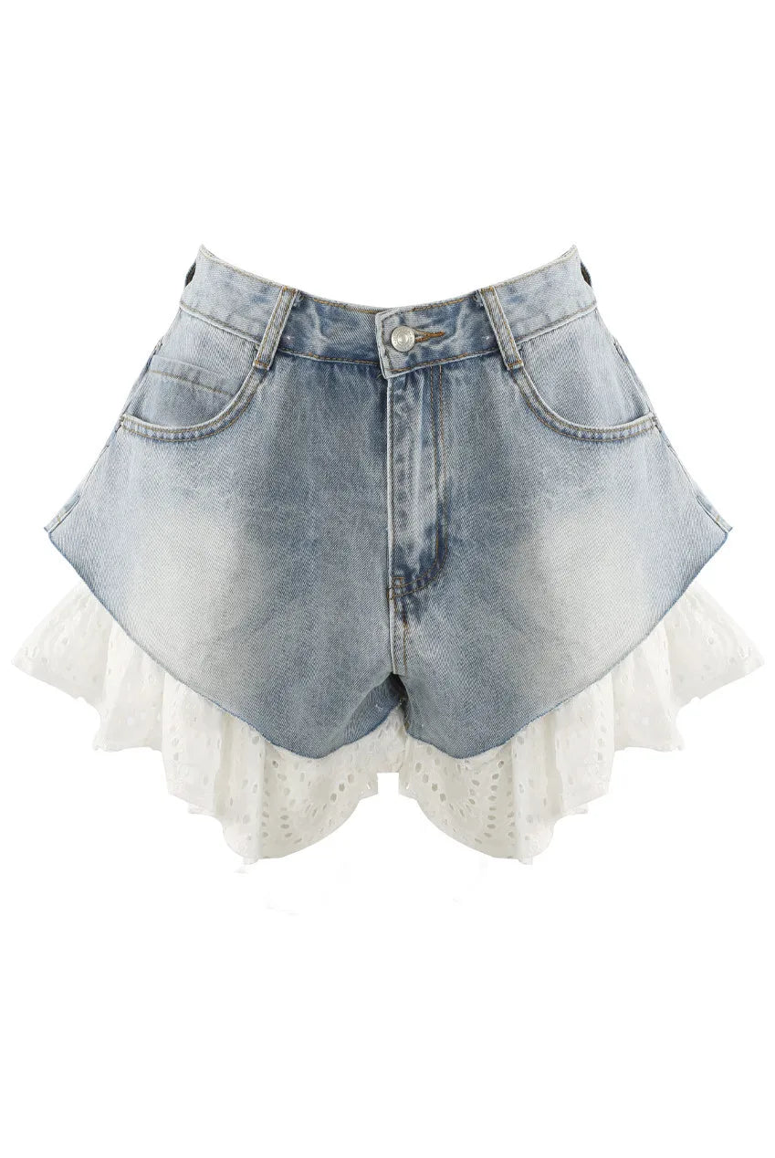 Shorts Denims Women Jeans Lace Stitching Straight Short Pants High Waist Washed Distressed Pockets Streetwear Summer 2025