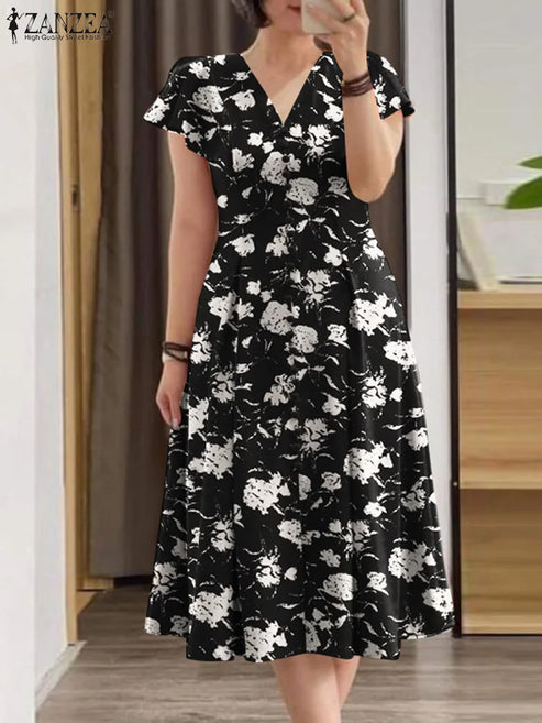 ZANZEA Woman Summer Dresses Ruffle Sleeve V-Neck Cinch Waist, Womens Elegant Floral Printing Party Commute A-Line Midi Sundress