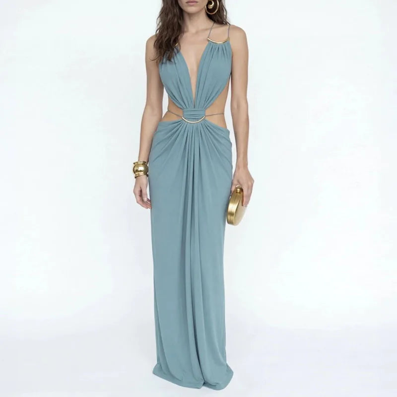 Women Elegant Halter Cutout Maxi Dress Sexy Deep V Neck Metal Chain Waist Long Dress Summer Sleeveless Backless Boho Party Dress
