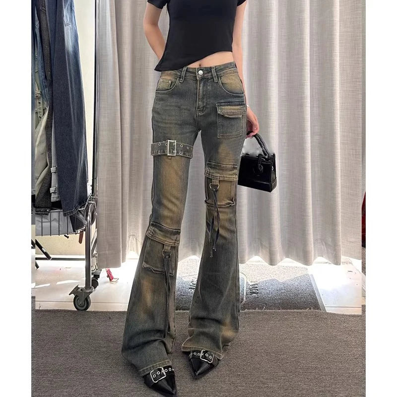 American High Street Spicy Girl Patchwork Workwear Jeans Women's Spring New Retro Wa Design Micro Flared Long Trousers