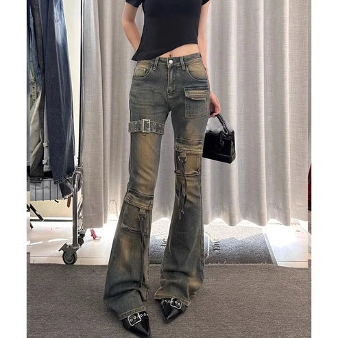 American High Street Spicy Girl Patchwork Workwear Jeans Women's Spring New Retro Wa Design Micro Flared Long Trousers