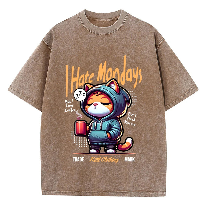 Fashion Woman Washed T-Shirts Cute Cartoons Cat Print Tee Shirts Cotton Distressed Oversize Crewneck Tops Street Female Clothes