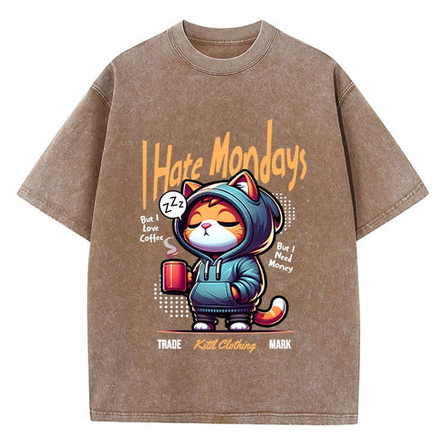 Fashion Woman Washed T-Shirts Cute Cartoons Cat Print Tee Shirts Cotton Distressed Oversize Crewneck Tops Street Female Clothes