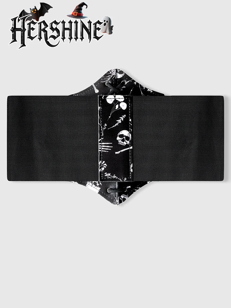 HERSHINE Women's Black Fashion Skull Print Elastic Shaping Wide Waist Belt, Y2K Gothic Punk Harajuku Style Cosplay，spring，summer