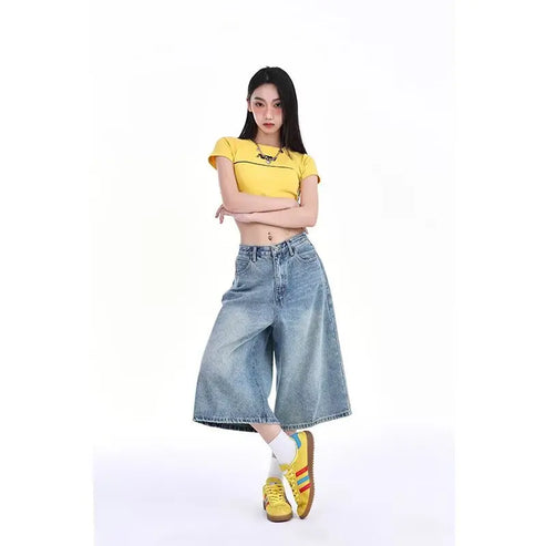 High Waist Wide Leg Seven-Foot Denim Shorts Women's Summer New Style Black Washed Loose Straight Tube Pants Trendy Streetwear