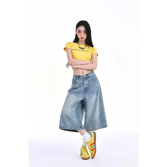 High Waist Wide Leg Seven-Foot Denim Shorts Women's Summer New Style Black Washed Loose Straight Tube Pants Trendy Streetwear