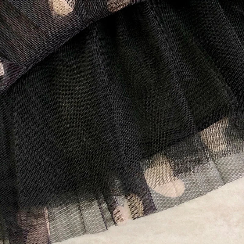 Tulle Maxi Skirt Women Fashion 2022 Spring Summer Heart Print High Waist Pleated Mesh  Long Skirt Female Aesthetic Skirt