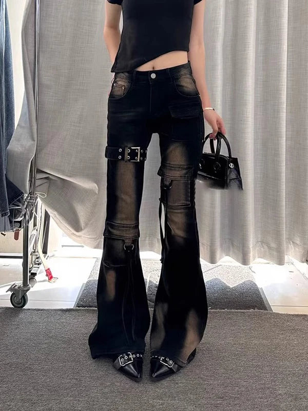 American High Street Spicy Girl Patchwork Workwear Jeans Women's Spring New Retro Wa Design Micro Flared Long Trousers