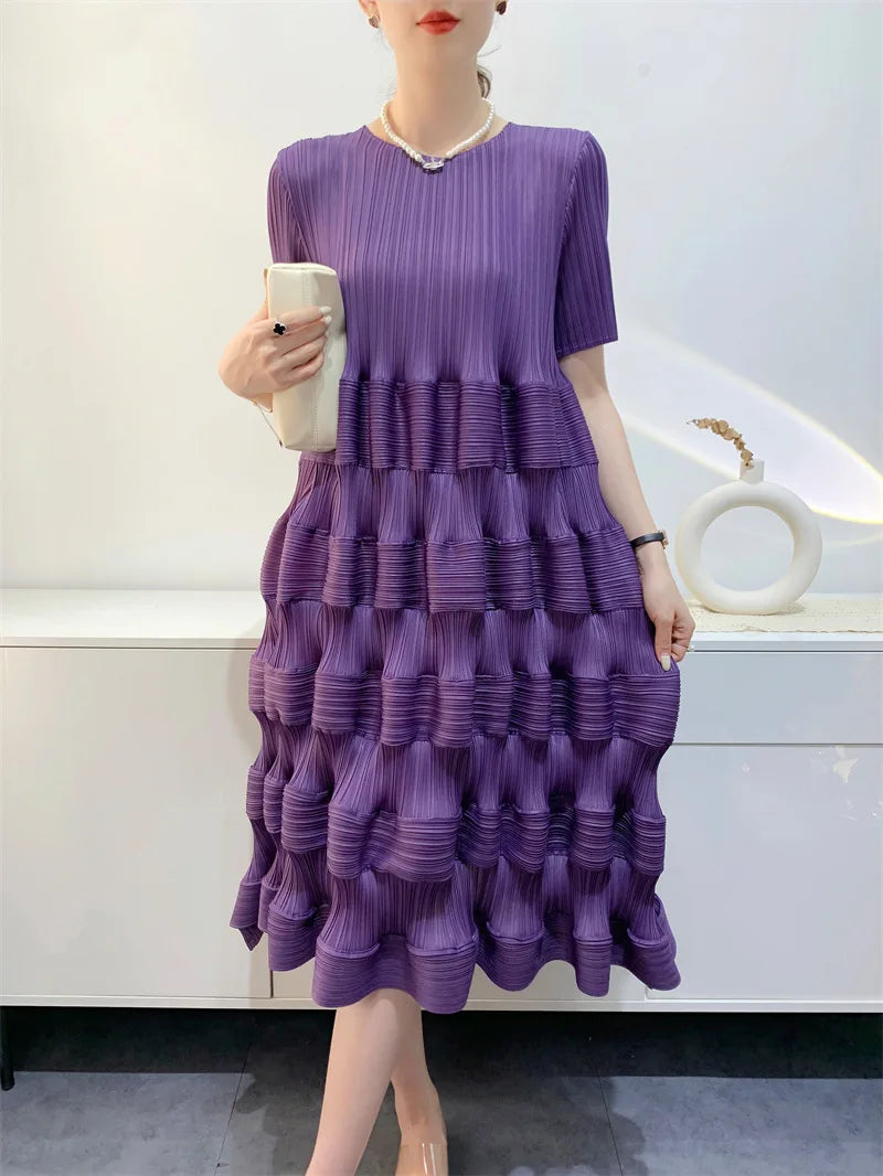 Miyake Pleated Dress Women's 2024 Spring New Fashion Design Solid Color Loose Large Size High Waist Splicing Cake Skirt