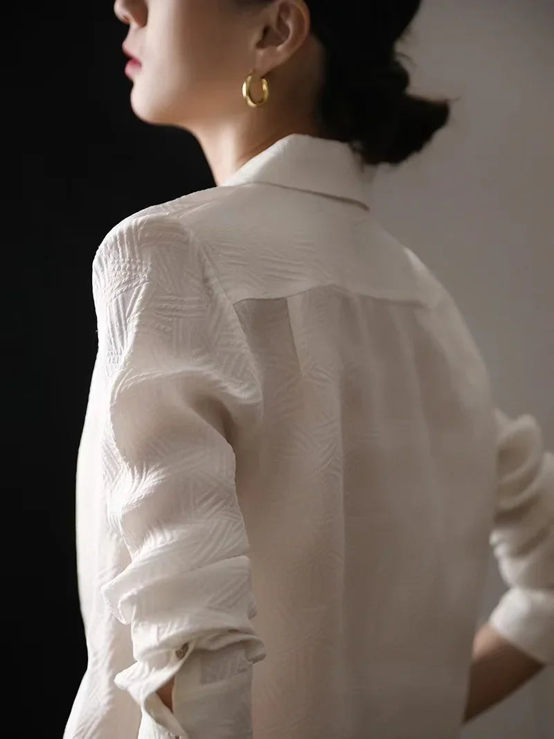 Elegant Shirts For Woman White Long Sleeve Jacquard Weave Button Turn Down Collar Autumn Shirt Female Fashion Temperament Tops