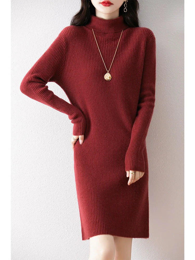 Women's Wool Short Dress Cashmere Turtleneck Pullover Sweater Autumn Winter  100% Merino Wool Knitwear Office Lady Basic Dress