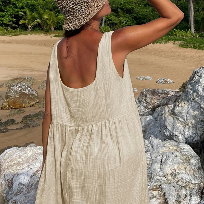 Newly 100% Cotton Gauze Dress For Women 2026 Square Collar Sleeveless Open Side Long Dress Summer Comfortable Beach Outfit