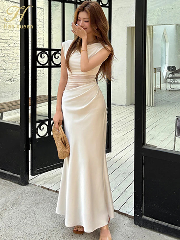 H Han Queen Ruched Sexy Maxi Tank Mermaid Dress Women Summer Beach Holiday Office Party Casual Bodycon Elegant Long Dresses