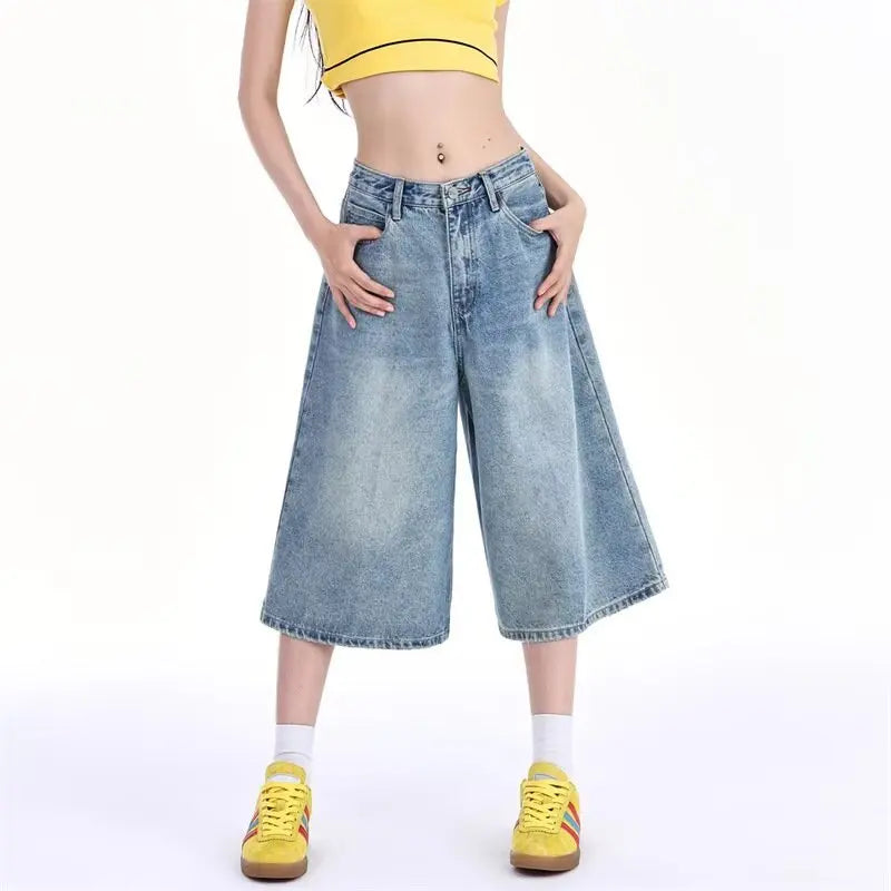 High Waist Wide Leg Seven-Foot Denim Shorts Women's Summer New Style Black Washed Loose Straight Tube Pants Trendy Streetwear