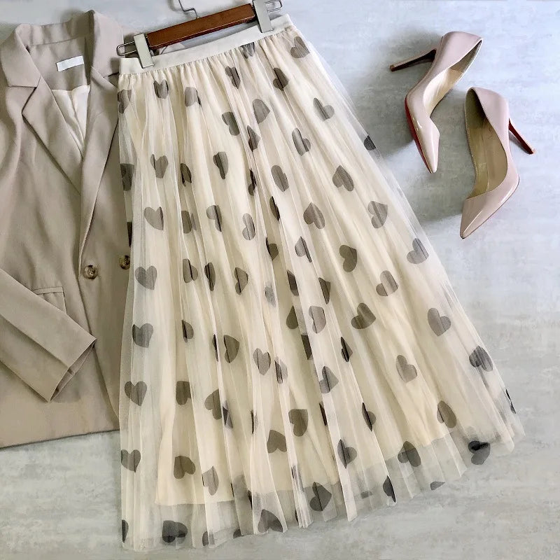 Tulle Maxi Skirt Women Fashion 2022 Spring Summer Heart Print High Waist Pleated Mesh  Long Skirt Female Aesthetic Skirt