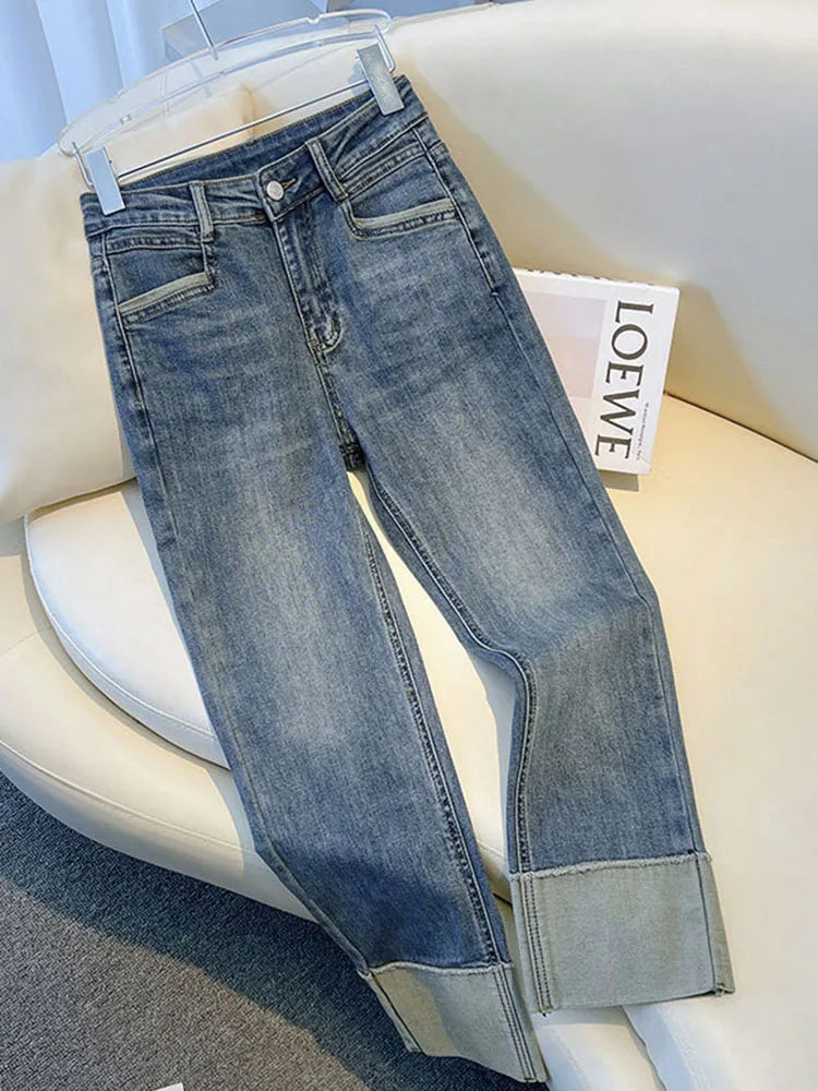 Chic Cuffs High Waist Straight Jeans Women Slim Casual Vintage Denim Pants Korean Streetwear Stretch Ankle Length Kot Pantolon
