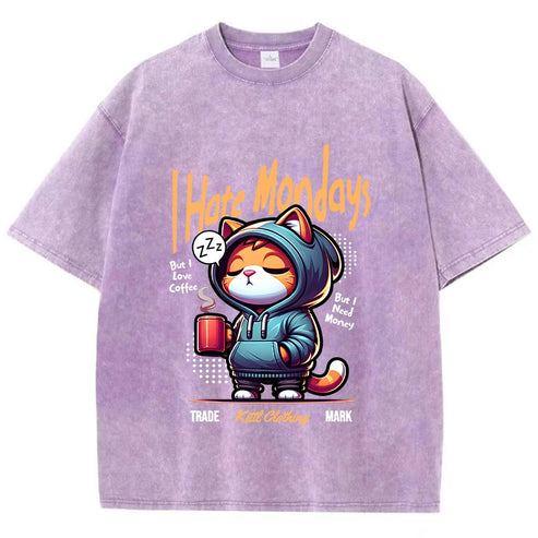 Fashion Woman Washed T-Shirts Cute Cartoons Cat Print Tee Shirts Cotton Distressed Oversize Crewneck Tops Street Female Clothes
