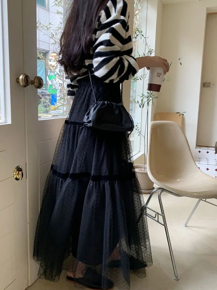 Korobov Polka Dot Gauze A-line Skirt Female Summer Temperament Shaggy Sweet Cake Long Dress Korean Fashion Faldas