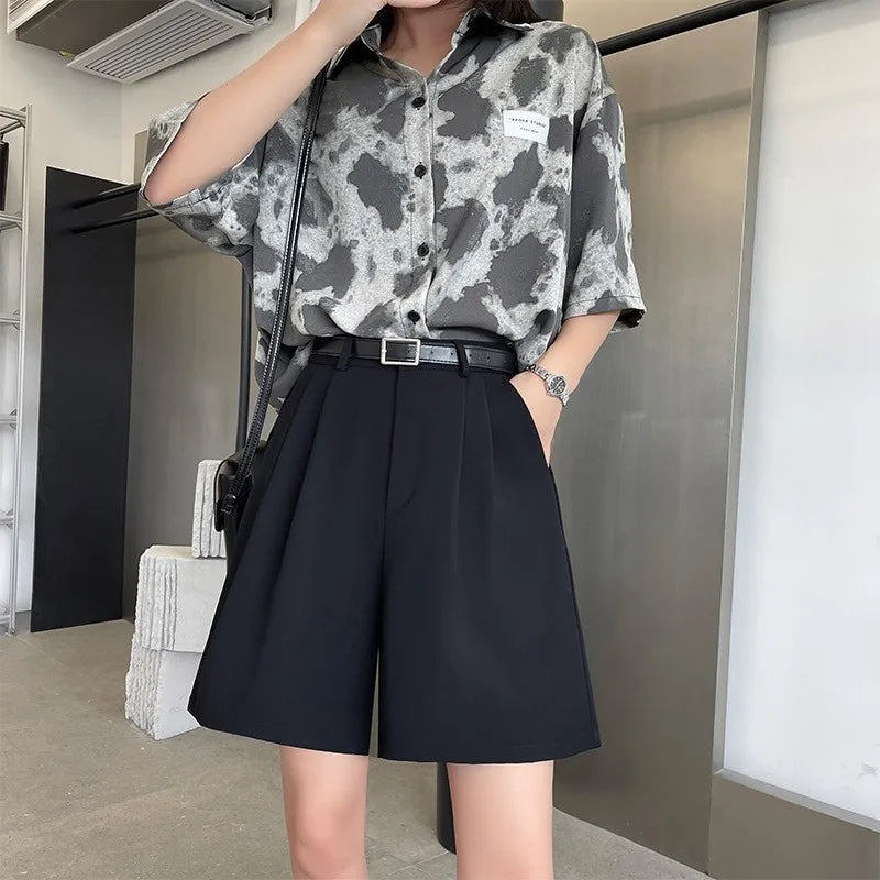 White Suit Shorts Women Summer Thin A-Line Casual Wide Leg High Waist Straight Five Pants