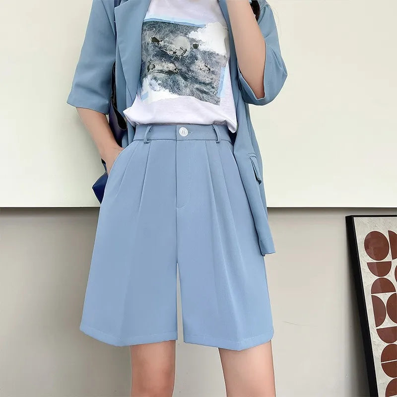 White Suit Shorts Women Summer Thin A-Line Casual Wide Leg High Waist Straight Five Pants