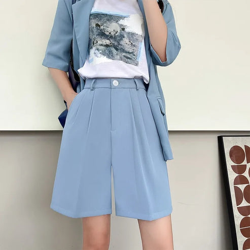 White Suit Shorts Women Summer Thin A-Line Casual Wide Leg High Waist Straight Five Pants