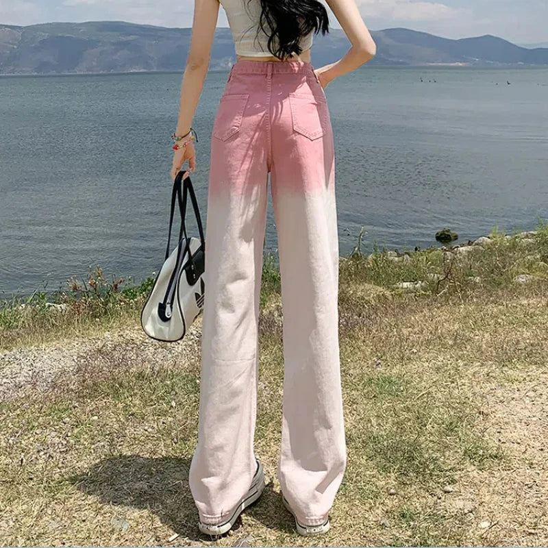 Summer New Trendy High Waist Fashion Hole Gradient Wide Leg Jeans Women's Patchwork Button Zipper Pockets Loose Straight Pants