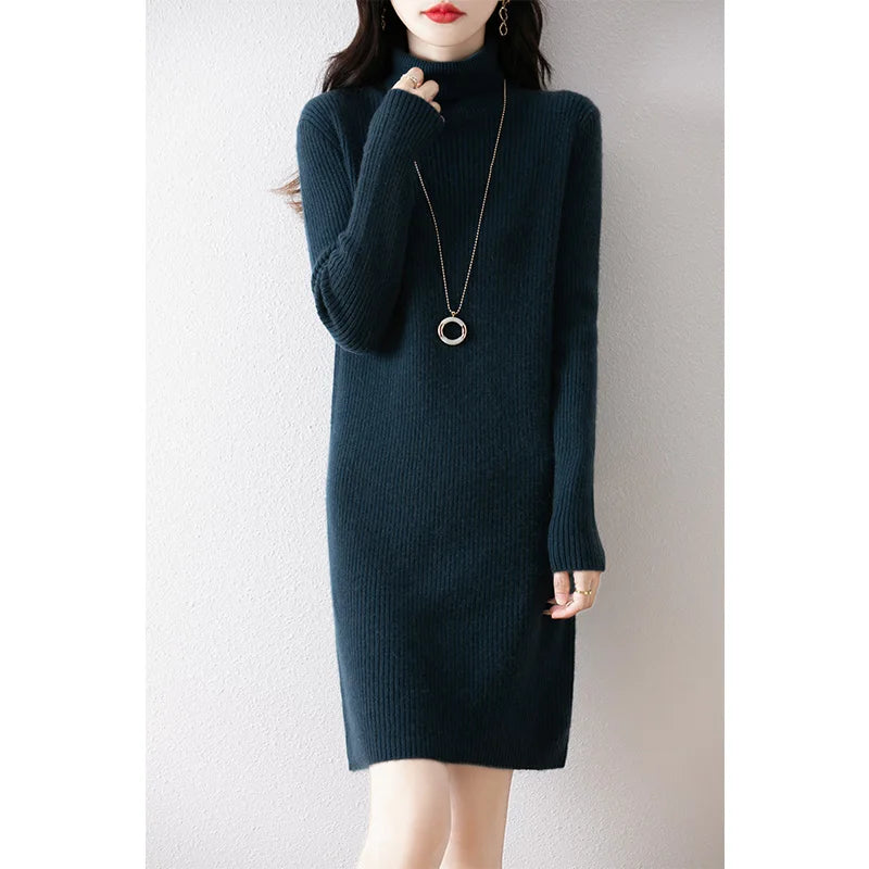 Women's Wool Short Dress Cashmere Turtleneck Pullover Sweater Autumn Winter  100% Merino Wool Knitwear Office Lady Basic Dress