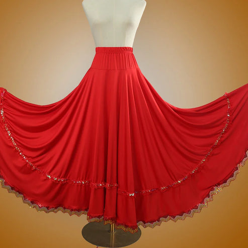 Elegant Square Danc Skirt Women National Style A-line Skirts Sequined Lace Milk Fiber Elastic-Waist Maxi Skirts 3 Kinds Lengths
