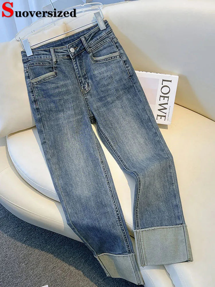 Chic Cuffs High Waist Straight Jeans Women Slim Casual Vintage Denim Pants Korean Streetwear Stretch Ankle Length Kot Pantolon