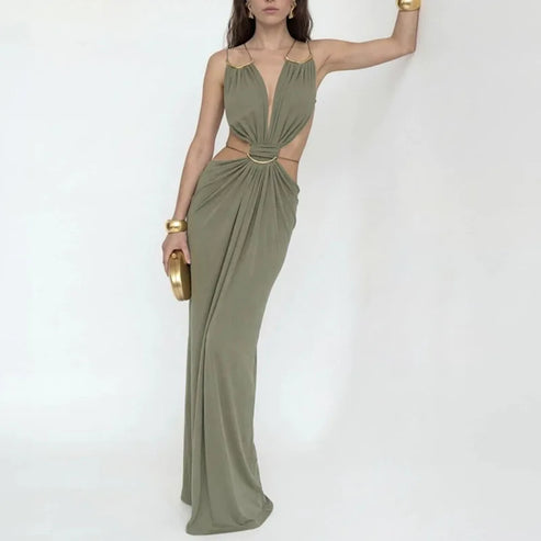 Women Elegant Halter Cutout Maxi Dress Sexy Deep V Neck Metal Chain Waist Long Dress Summer Sleeveless Backless Boho Party Dress