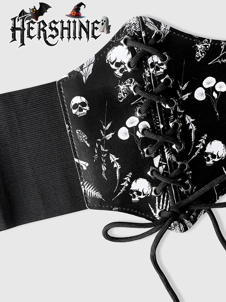 HERSHINE Women's Black Fashion Skull Print Elastic Shaping Wide Waist Belt, Y2K Gothic Punk Harajuku Style Cosplay，spring，summer