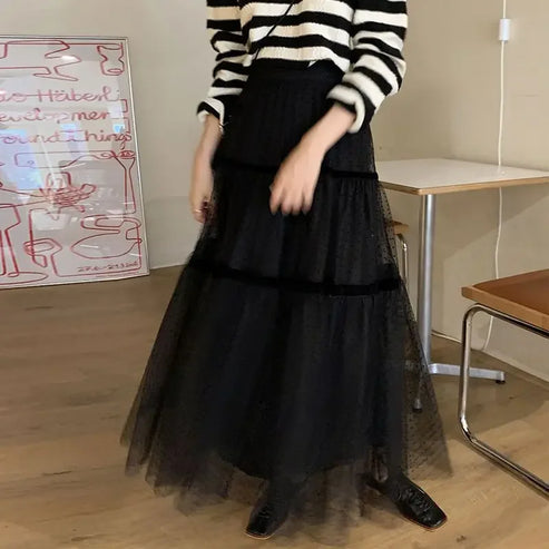 Korobov Polka Dot Gauze A-line Skirt Female Summer Temperament Shaggy Sweet Cake Long Dress Korean Fashion Faldas