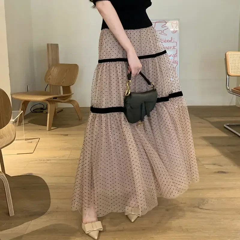 Korobov Polka Dot Gauze A-line Skirt Female Summer Temperament Shaggy Sweet Cake Long Dress Korean Fashion Faldas