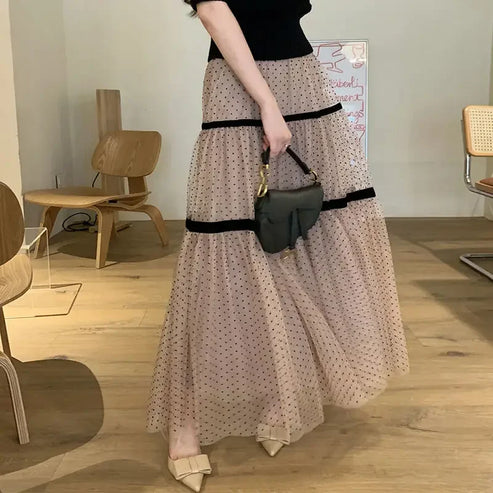 Korobov Polka Dot Gauze A-line Skirt Female Summer Temperament Shaggy Sweet Cake Long Dress Korean Fashion Faldas