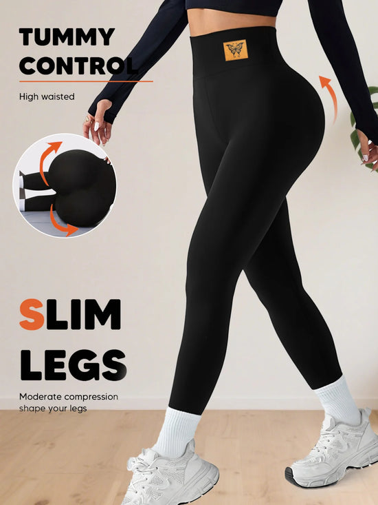 A Spring Women's Black Leggings With High Waist Elasticity And Comfortable Fabric, Suitable For Casual Sports And Yoga