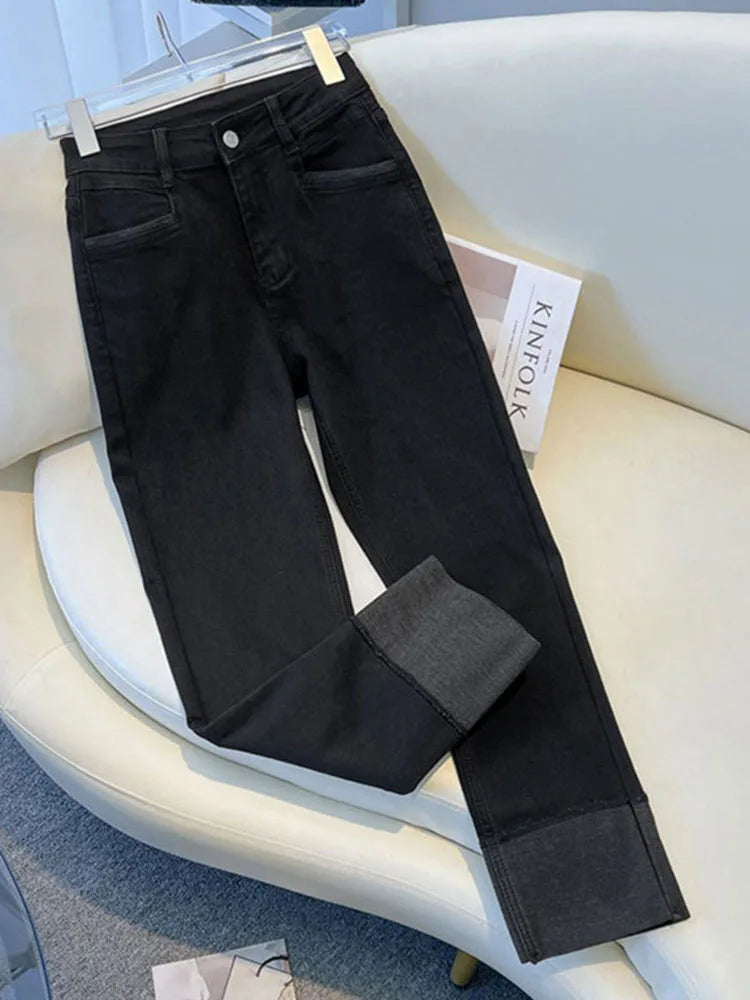 Chic Cuffs High Waist Straight Jeans Women Slim Casual Vintage Denim Pants Korean Streetwear Stretch Ankle Length Kot Pantolon