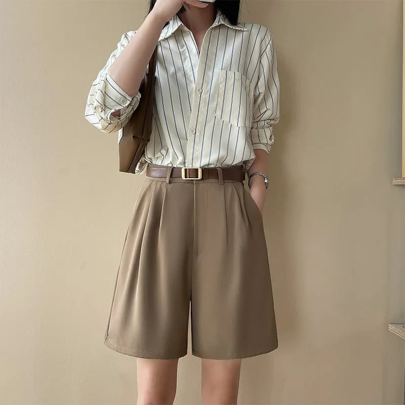 White Suit Shorts Women Summer Thin A-Line Casual Wide Leg High Waist Straight Five Pants