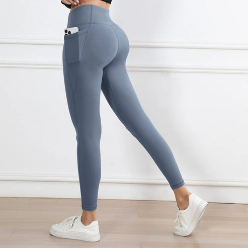 Women Leggings with Pockets Solid Color High Waist Butt Lifting Workout Tights Slim Elastic Pants Casual Wear