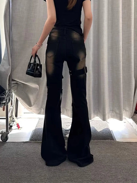 American High Street Spicy Girl Patchwork Workwear Jeans Women's Spring New Retro Wa Design Micro Flared Long Trousers