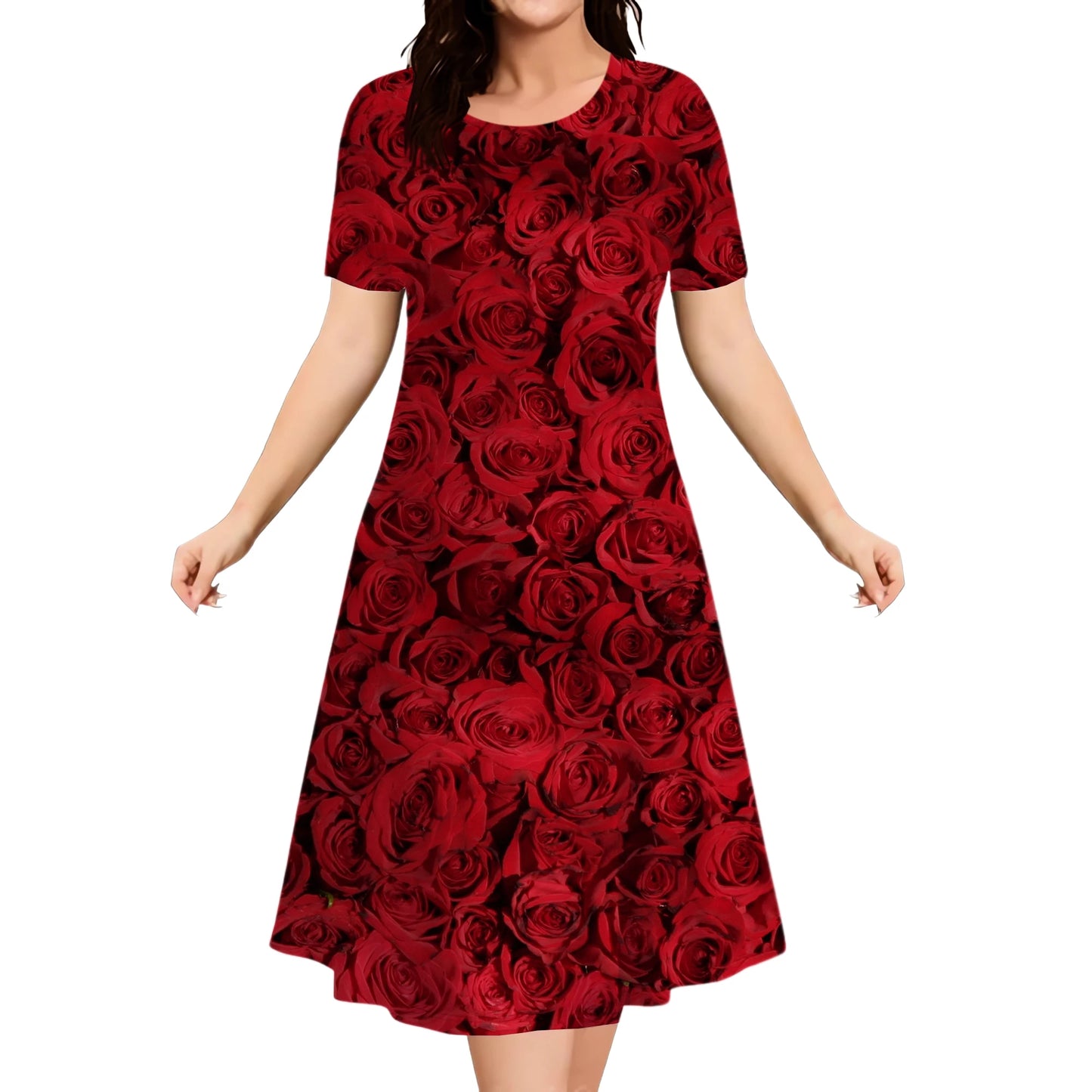 Blue Red Rose Flowers Dress Women Pullover Summer 3D Print Casual Retro Dress New 2024 Ladies Plus Size Short Sleeve Mini Dress