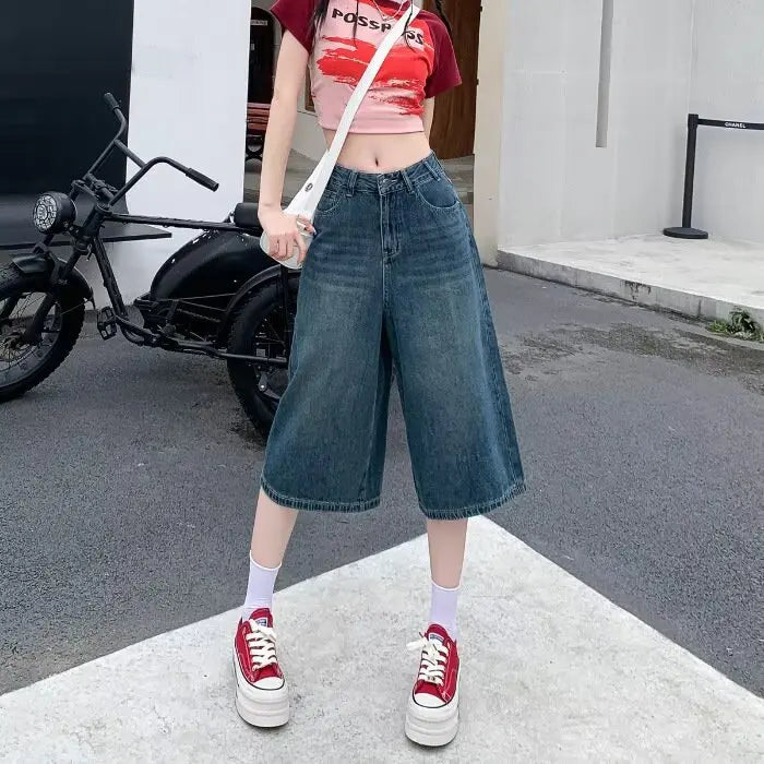 High Waist Wide Leg Seven-Foot Denim Shorts Women's Summer New Style Black Washed Loose Straight Tube Pants Trendy Streetwear