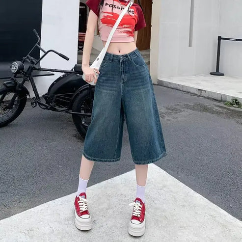 High Waist Wide Leg Seven-Foot Denim Shorts Women's Summer New Style Black Washed Loose Straight Tube Pants Trendy Streetwear