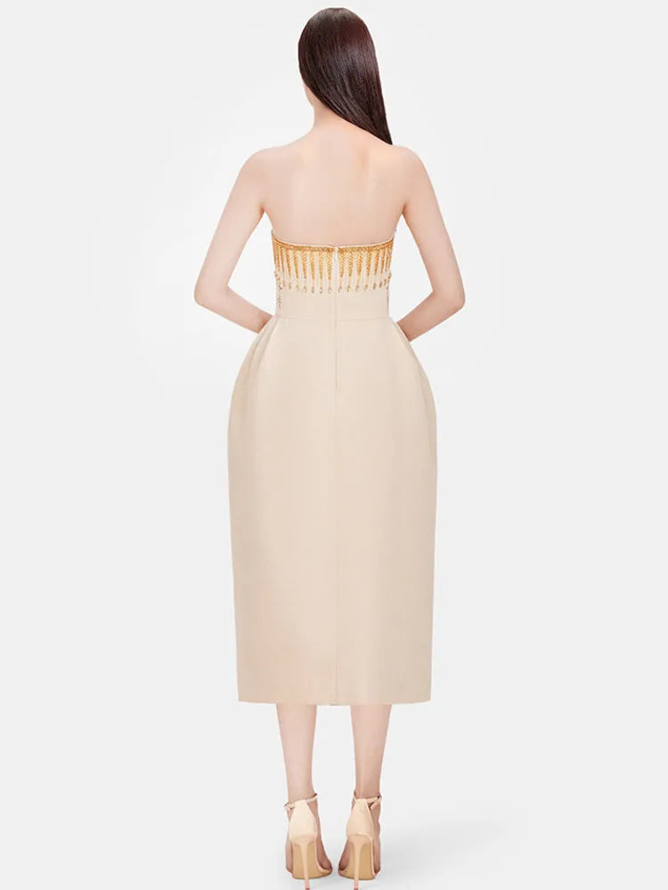 DEAT Elegant Dress Diamond Patchwork Strapless Embroidery Printing Slim Waist Women's Evening Dresses 2026 Summer New 13DB2053