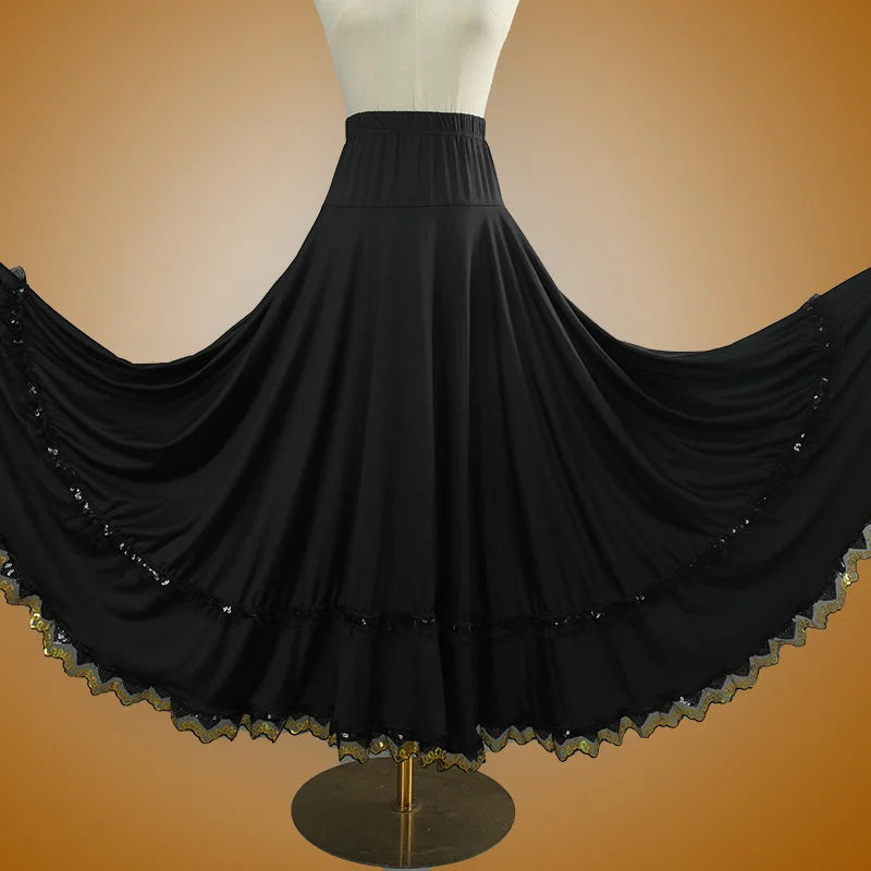 Elegant Square Danc Skirt Women National Style A-line Skirts Sequined Lace Milk Fiber Elastic-Waist Maxi Skirts 3 Kinds Lengths